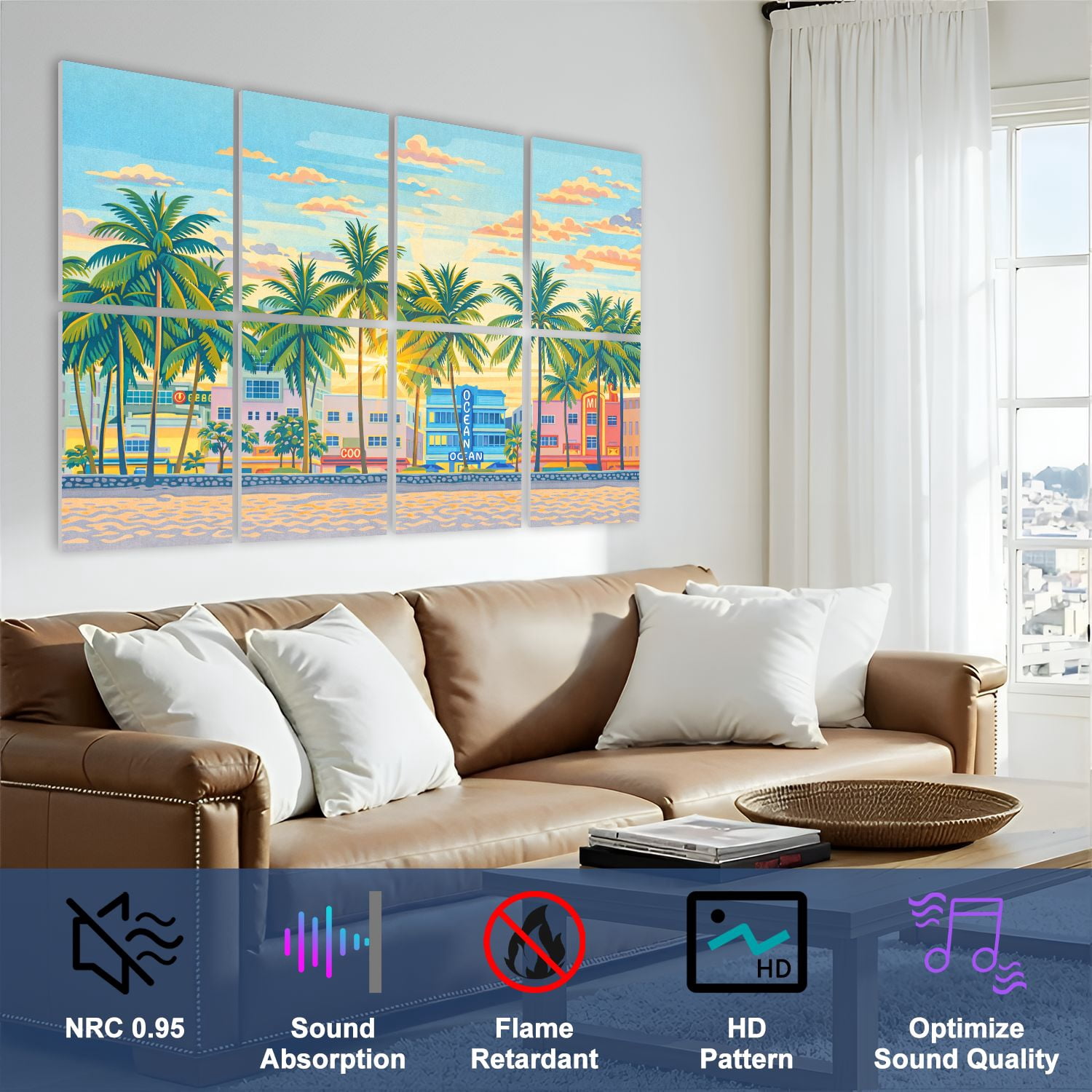 8 Pack Art Acoustic Panels Sound Absorbing Miami Beach Florida Decorative Soundproof Wall Panels Self Adhesive for Nursery Game Room Bedroom 48"x32"