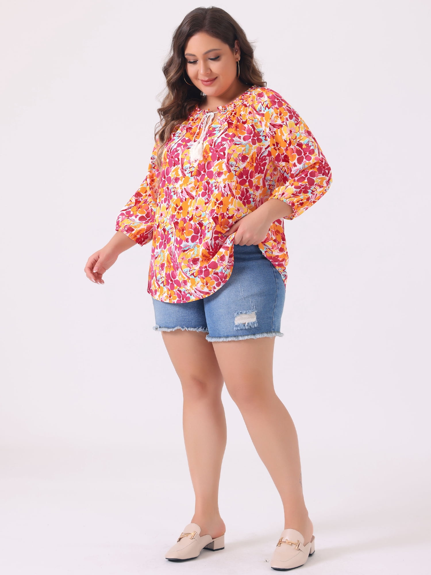DARING DIVA Women's Plus 3/4 Sleeves Self Tie Neck Floral Blouse 1X Orange
