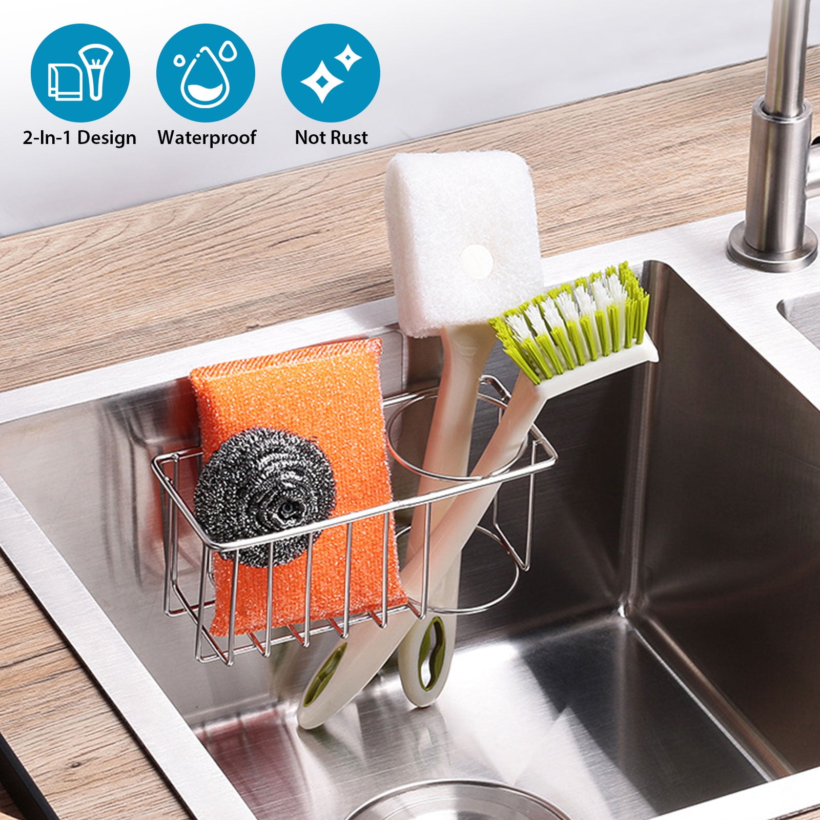 TSV 2in1 Adhesive Sponge Holder + Brush Holder, Stainless Steel Sink