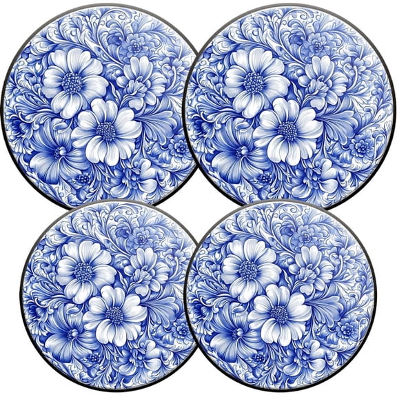 Electric Stove Burner Covers, Set of 4, Round Burner Cover,8 and 10 Inch,Blue And White Floral Pattern on The Front of Old Plate