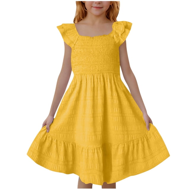 Cinvoph Robes pour Filles de 3 à 14 Ans, Robe Plissée à Manches à Volants en Dentelle, Robe d'Été Décontractée pour Enfants