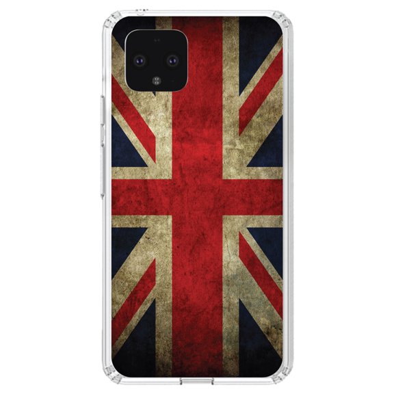DistinctInk Clear Shockproof Hybrid Case for Google Pixel 4 (5.7" Screen) - TPU Bumper, Acrylic Back, Tempered Glass Screen Protector - Red White Blue British Flag Old - Show Your Love of the UK