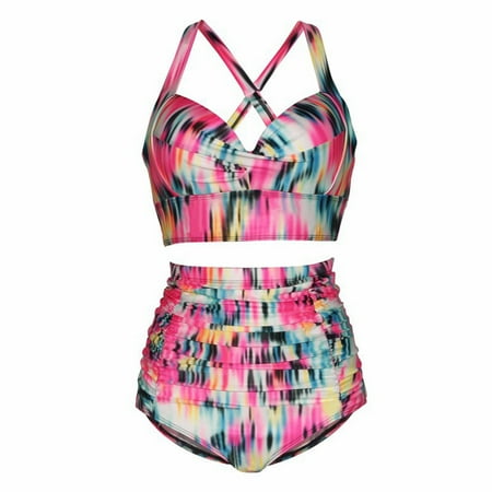 Dihao High Waisted Bikini Sets for Women Summer Hot Sales Plus Size Tankini 2 Piece Bikini Sets Women s Floral Printed Swimwear Tank Tops with Underwear 2 PC Bathing Suit Push-Up Beachwear