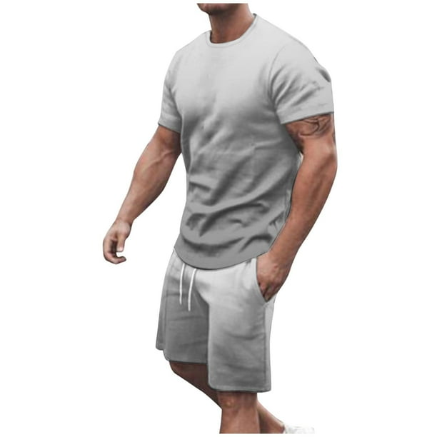 Mens Pantalones Casuales Cuello Redondo Impresión de Manga Corta Blusa Y Pantalones Cortos Traje, Pantalones de Traje para Hombres
