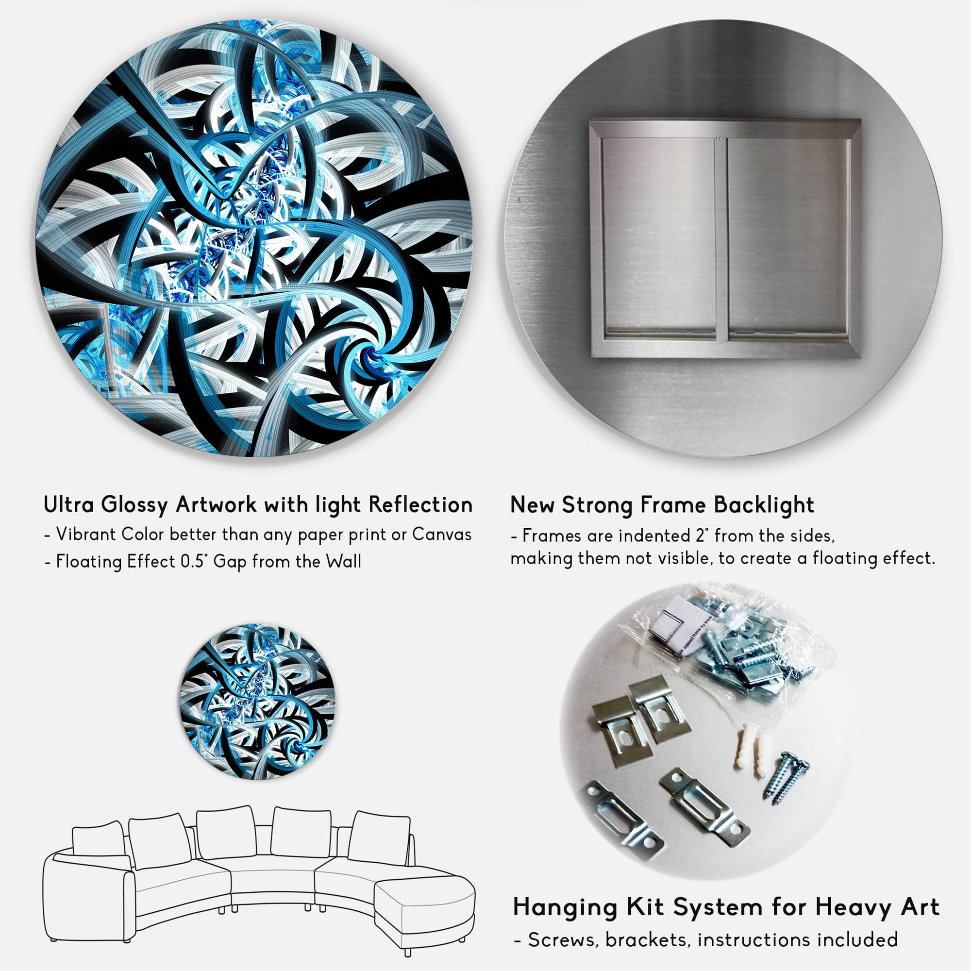 Designart 'Blue Spiral Fractal Design' Disc Abstract Circle Metal Wall Art