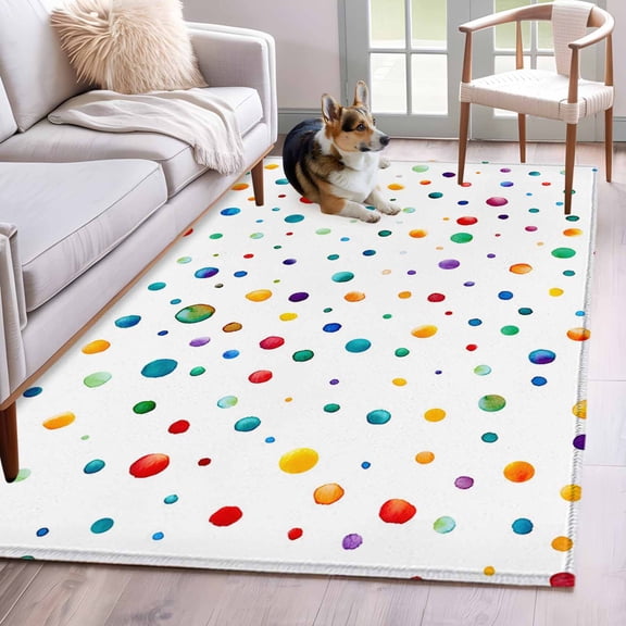 Area Rug for Living Room, Colorful Polka Dot Non-Slip Indoor Large Carpet for Bedroom/Dining Room, Rainbow Point Vibrant Washable Low-Profile Rectangle Floor Mat Runner Rugs - 3 x 5 Ft