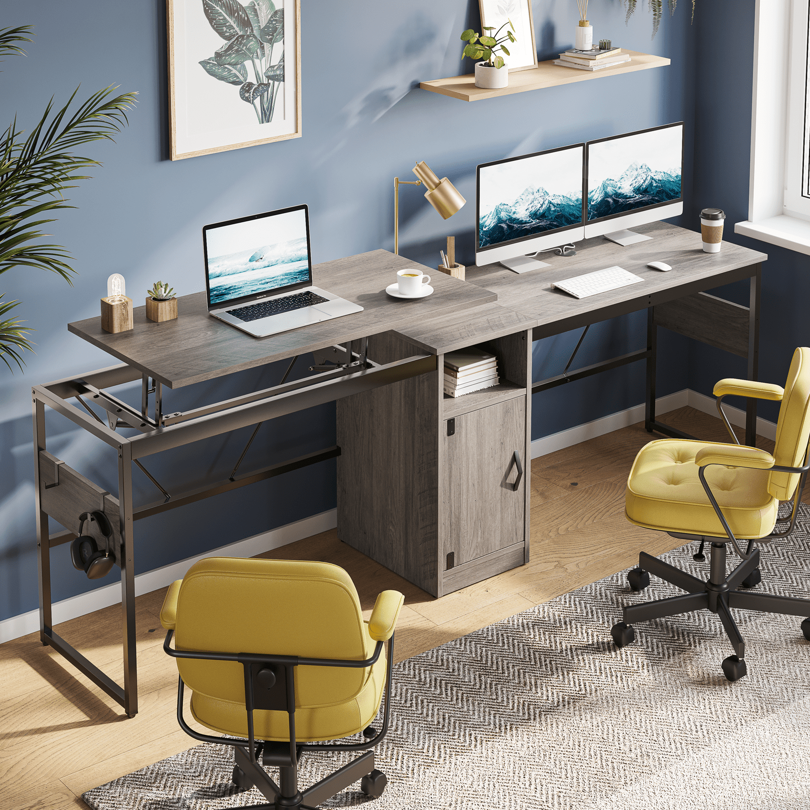 Bestier Versatile 60 Inch L-Shaped Standing Desk, Lift Top Corner Desk Extending to 95 Inches with Storage Cabinet and Hooks for Home Office, Washed Gray