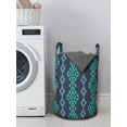 thumbnail image 3 of Ethnic Laundry Bag, Bohemian Retro Geometric Oriental Funky Motif on Dark Indigo Toned Backdrop, Basket with Handles Drawstring Closure for Laundromats, 13" x 19", Sea Green Ceil Blue, by Ambesonne, 3 of 4