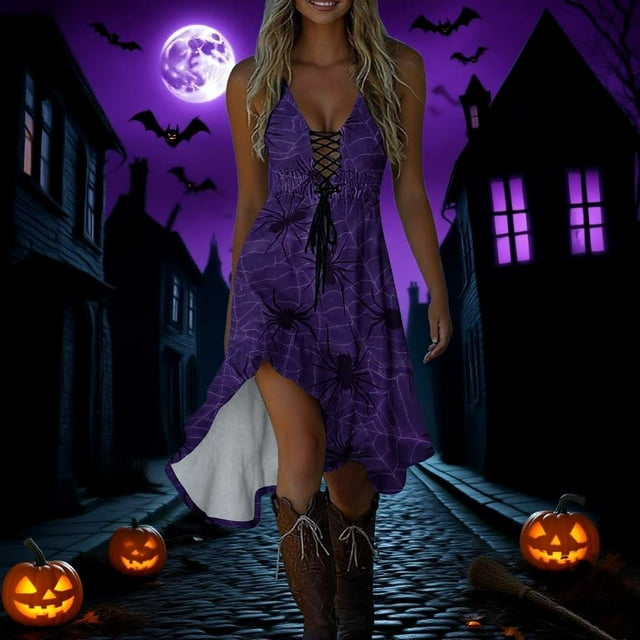 Meichang Robe à Imprimé d'Halloween pour Femmes, Robe Midi Vintage de Cowgirl, Décontractée, Sans Manches, Ourlet Irrégulier, Robe de Cocktail pour Fête, Robes d'Été, Robes Western d'Halloween