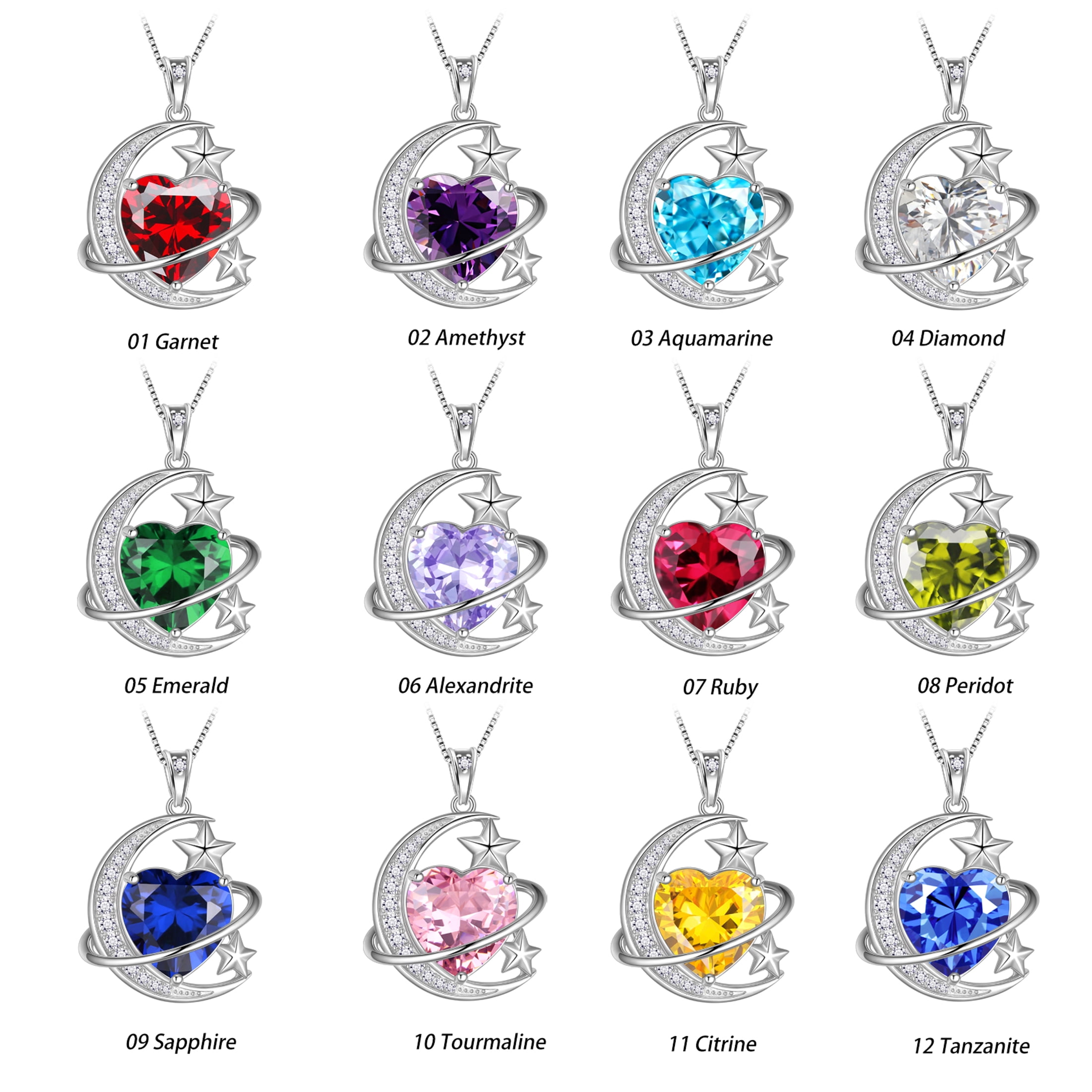 Juwaliy 13MM Women Moon and Star Necklace Heart January Birthstone 925 Sterling Silver Pendant Planet Celestial Necklace Red Garnet Jewelry Birthday Valentine's Day Gift for Mother