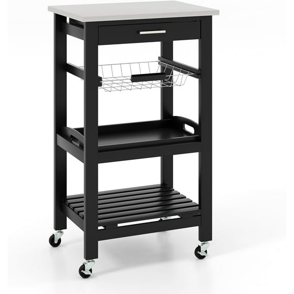 WSSYzyzf Kitchen Island Cart, Mobile Kitchen Storage Cart with Stainless Steel Tabletop, Drawer, Basket, Shelf, Serving Tray, Rolling Utility Trolley Cart on Wheels for Dining Room