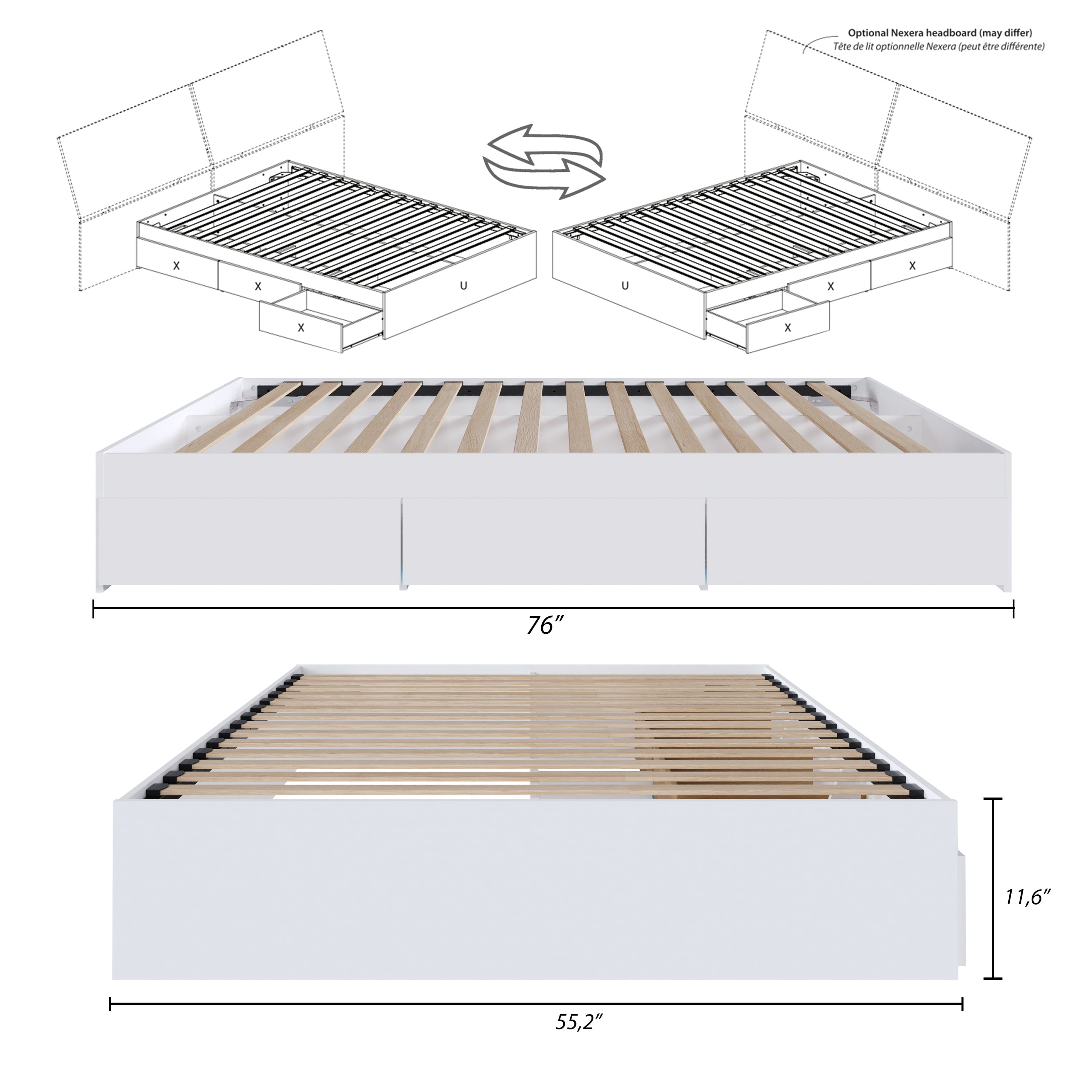 Nexera Full Size Storage Wood Bed Frame with 3 Drawers, White