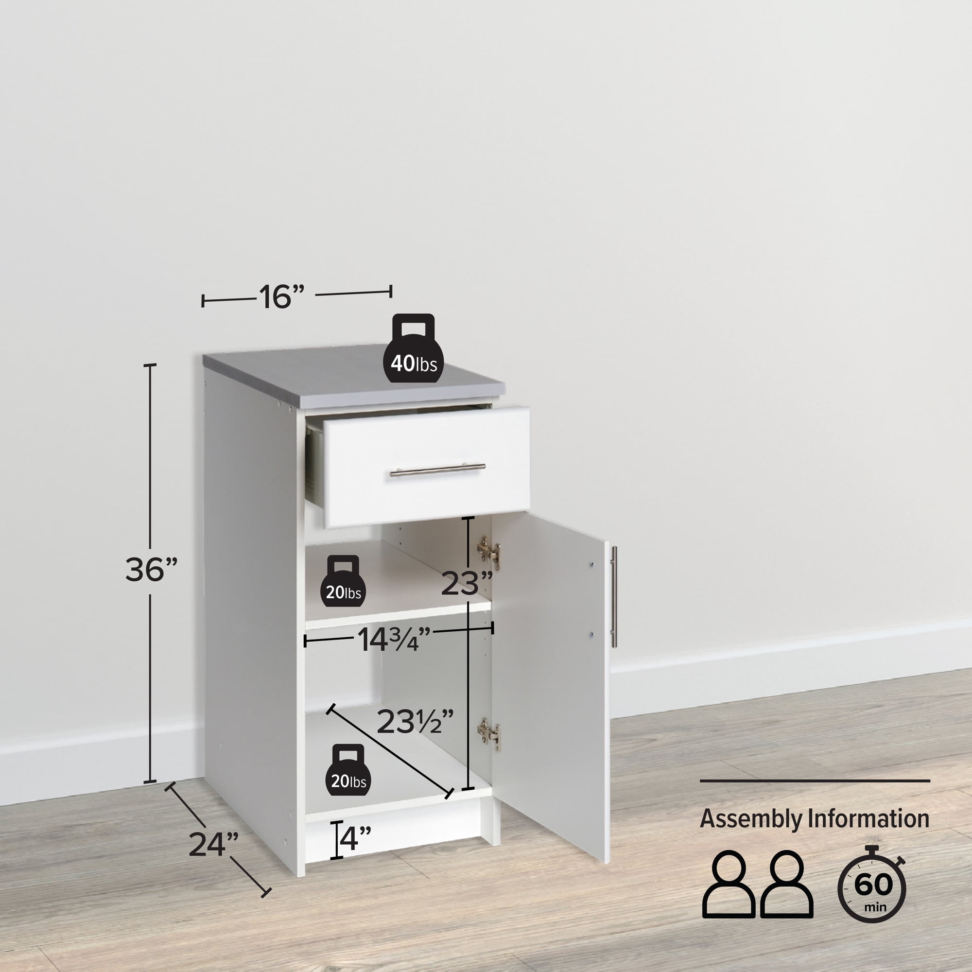 Prepac Elite 16" Storage Cabinet, White Storage Cabinet, Base Cabinet, Bathroom Cabinet with 1 Drawer and Adjustable Shelf 24" D x 16" W x 36" H, WED-1636