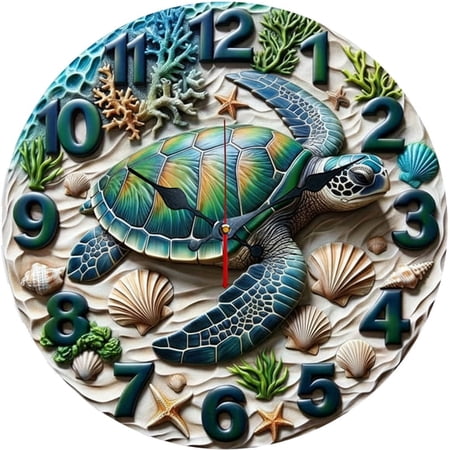 SBEMP10 Inch Silent Wall Clock, 3D Embossed Sea Turtle Coral Decorative Wall Clock, Battery Operated Non-Ticking Round Clock for Living Room Bedroom Bathroom Home Decor