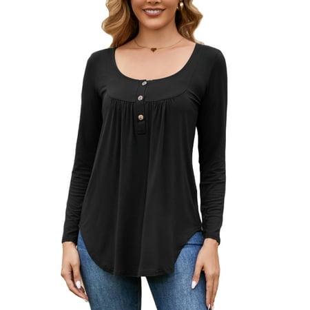 fancyglim shirt for women plus size long sleeve pleated henley tops casual flared tunic blouse with button black 4xl