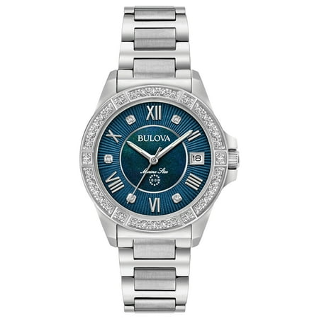Mother Of Pearl Silver Wrist Watch - Marine Star Diamonds 96R215 Blue Mother of Pearl/Silver Stainless Steel Analog Quartz Women's Watch