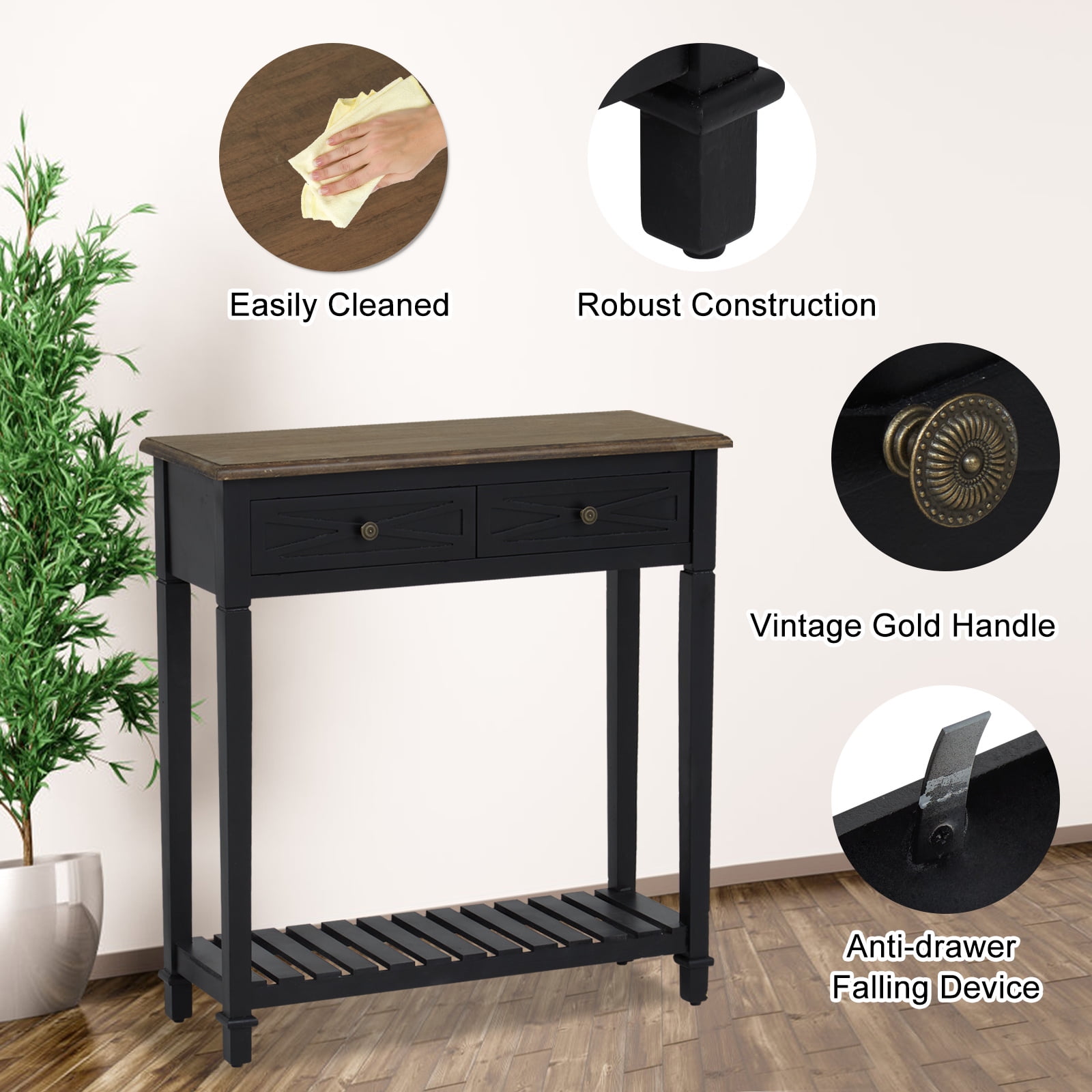 Kinbor Narrow Console Sofa Table Entryway Hallway Decoration, Modern Nightstand Side Table Accent Furniture with Drawers Shelf, Black