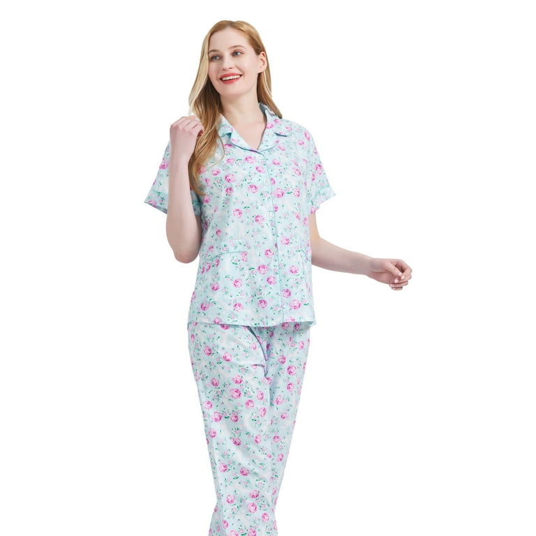 GLOBAL Women 100% Cotton Button Down Short Sleeve Top & Long Pants Summer  Pajama Set with Pockets, 2-Piece, Sizes S to 3XL 