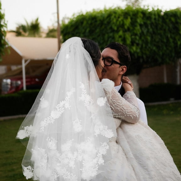 OULII Bridal Veil White Double Layer Lace Floral Embroidered Elegant Wedding Accessory