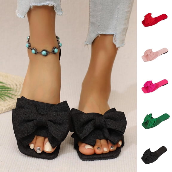 Agkizg Womens Indoor Outdoor Slides, Beach Walking Sandals, Squares Toe Flat Slide Sandals Bow Decorative Casual Indoor Outdoor Summer Daily Slippers