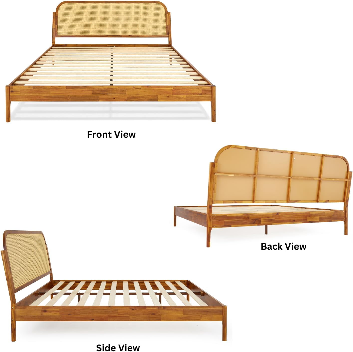 Aurelia King Solid Wood Bed Frame with Rattan Headboard - Bohemian & Mid Century Modern Style - Wood Slat Support - No Box Spring Needed - Easy Assembly - Caramel