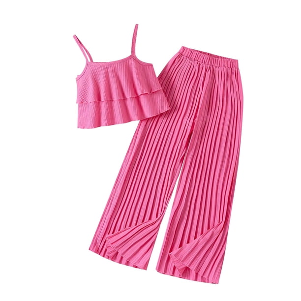Odeerbi 6-13 Años Niñas Conjuntos de Verano Camisola de Volantes de Gasa Tops Plisados Pantalones de Pata Ancha Conjunto de Dos Piezas Cintura Elástica Pantalones Conjunto