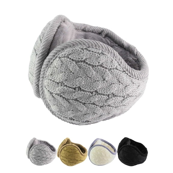 PULLIMORE Winter Earmuffs for Women Men Foldable Warm Ear Muffs Cable Knit Fleece Ear Warmer (Gray)