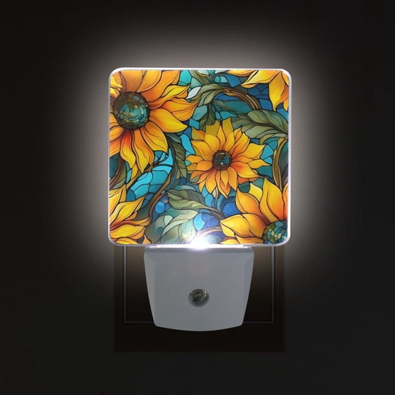 Yayeee LED Plug in Night Light for The Home with Auto Dusk to Dawn Light Sensors, 2 Pack, Stained Glass Sunflowers Pattern