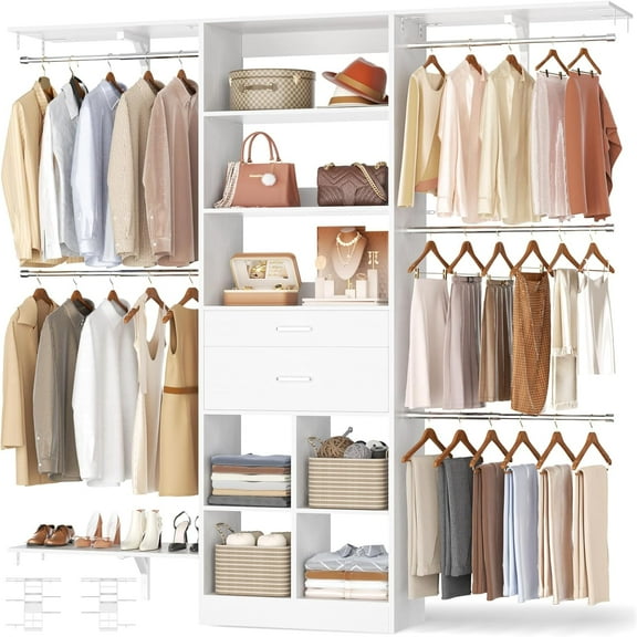 5FT Closet Organizer System with Wooden Drawers, 60 Inches Walk In Closet System With 5 Hanging Rods, Can Fit 1.58 to 6.8 FT with Reversible Hanging Shelving
