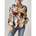 thumbnail image 4 of Women'S Floral Dressy Casual V Neck Button Down Shirts Lantern Long Sleeve Boho Chiffon Fall Tops Red & Yellow S, 4 of 7