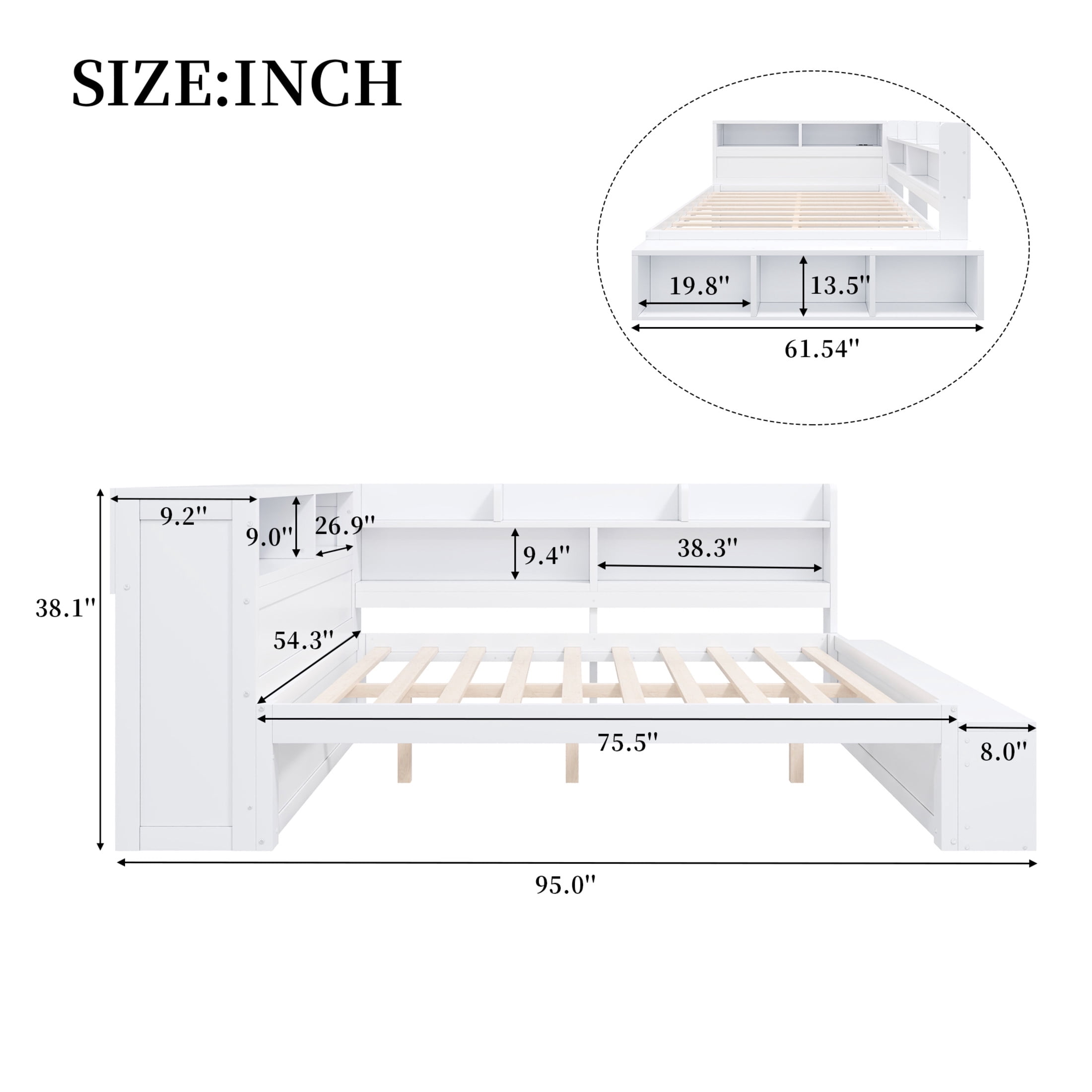 Noble House Arvion Full Size Wood Daybed with 7 Storage Cabinets, Built-in Shoe Rack and USB Charging Port, White