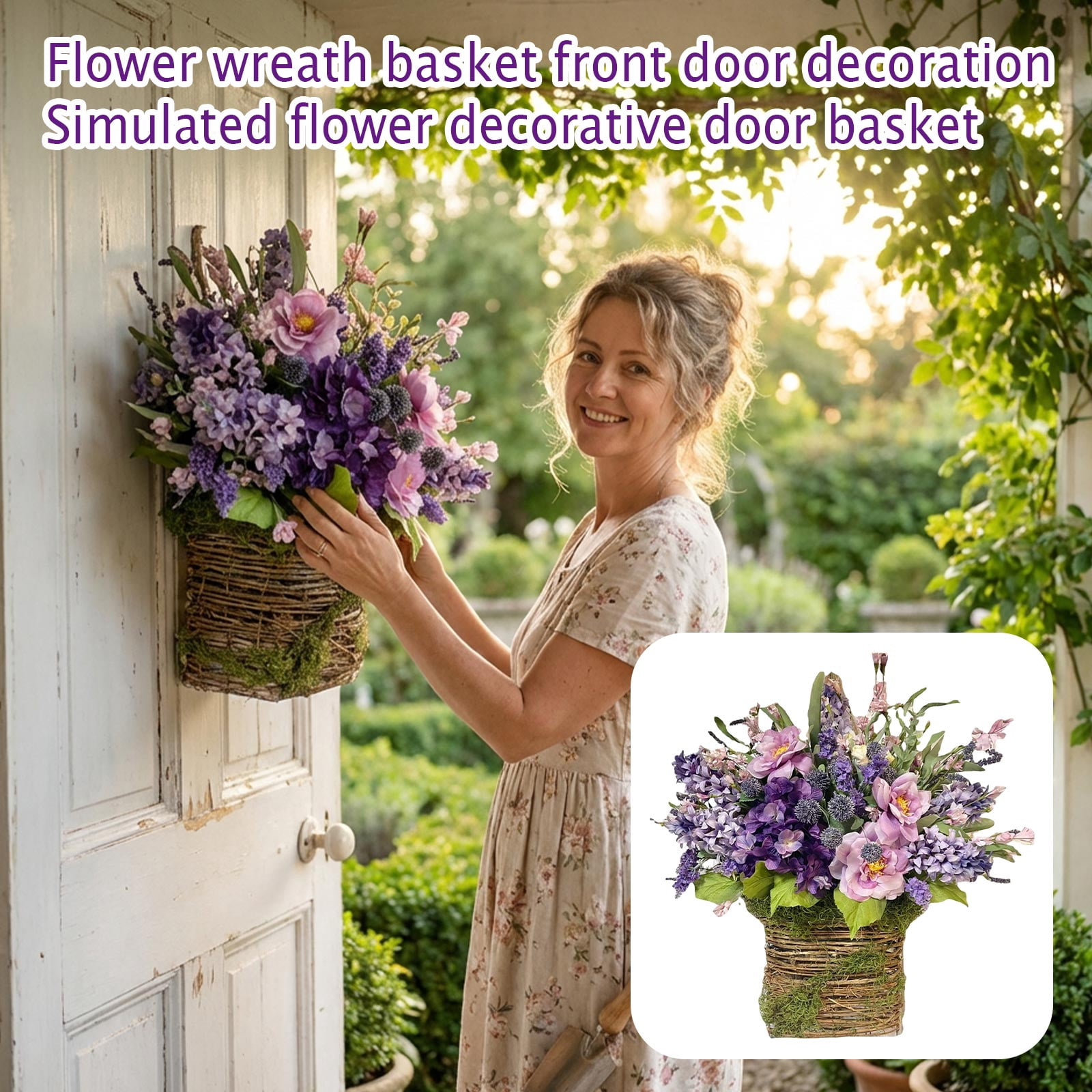 Flowers Artificial, Artificial Flowers, Wall Decoration, Moss Decor, Woven Wall Basket Decor, 11X9 In, Lavender Decor, Faux Hanging Flowers, Entry Accent, 1 Pc