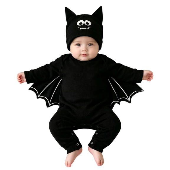 Mercatoo Toddler Baby Bat Halloween Costume Long Romper with Wings and Hat Coverall Snap Closure Outfit Set Infant Warm Cosplay Clothes