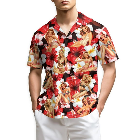 Netecom Pinup Girls Hawaiian Shirt for Men, Tropical Style, Button Down Summer Beach Short Sleeve, S-5XL