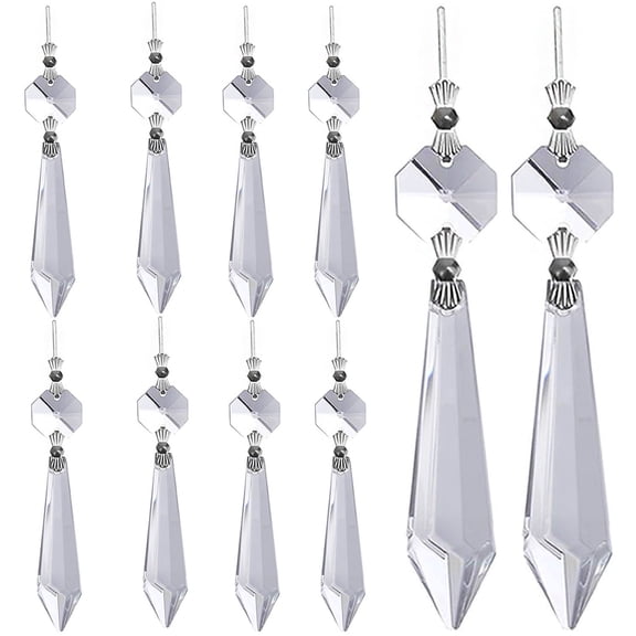 Pack of 10 (38mm)Replacement Clear Maple Leaf Chandelier Crystal Prisms Pendants Shiny Glass with Octagonal Crystal Beads and Metal Split Ring for Lamp Decoration Jewelry Making