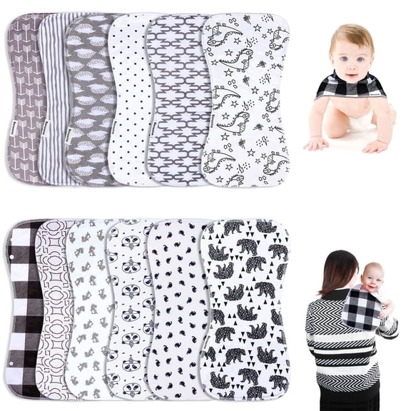 2-in-1 Baby Bibs & Burp Cloths Set, 3-Layer Design, Large Size, Super Absorbent, 100% Organic Cotton, Soft & Comfortable，12-Pack