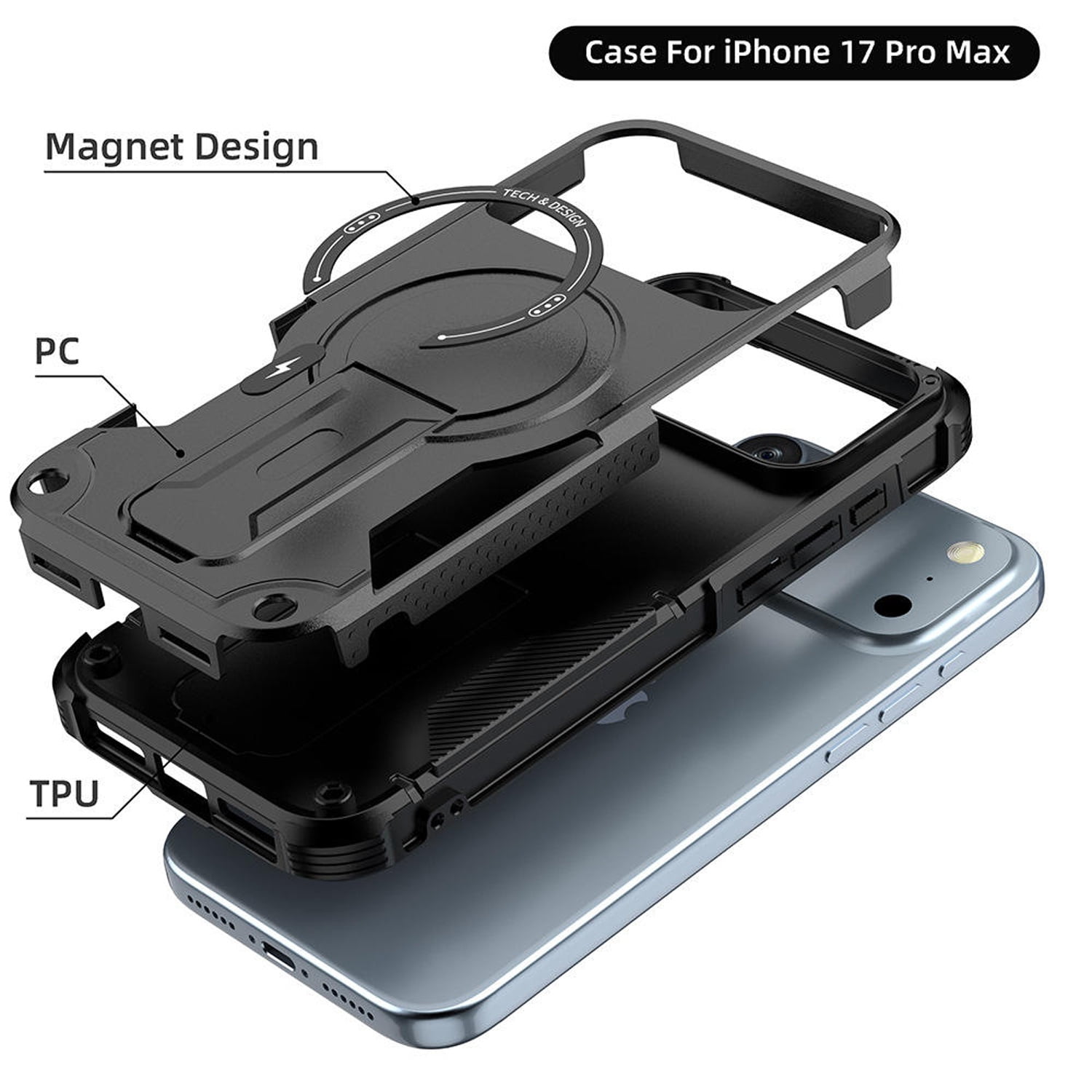 MagSafe-Ready Shockproof Case with Built-In Stand for iPhone 17 Pro - Black