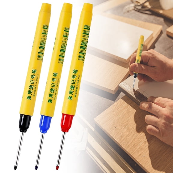 Deep Hole Marker Set, 3 Pack Long Nose Permanent Markers, 33mm Long Tip Waterproof Construction Marker Pens for Woodworking, Metal, Glass, Industrial Carpenter Marking Tool, Black Blue Red