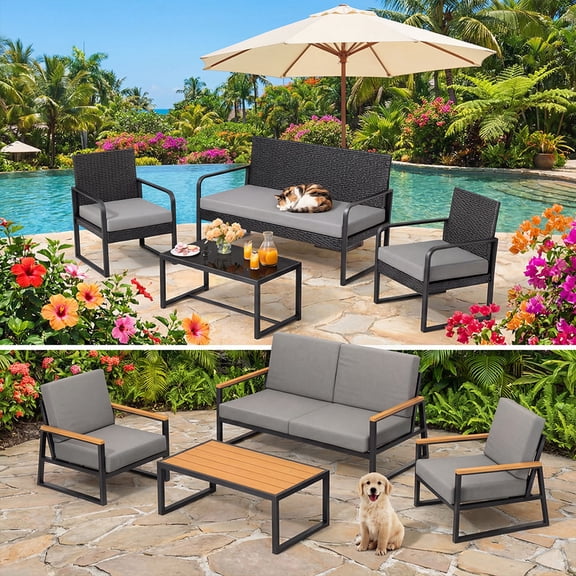 Outdoor Furniture Combination Set, All-Weather Patio Conversation Set with Loveseats, Chairs, Dual Coffee Tables, Removable Cushions for Backyard, Deck, Balcony, Gray