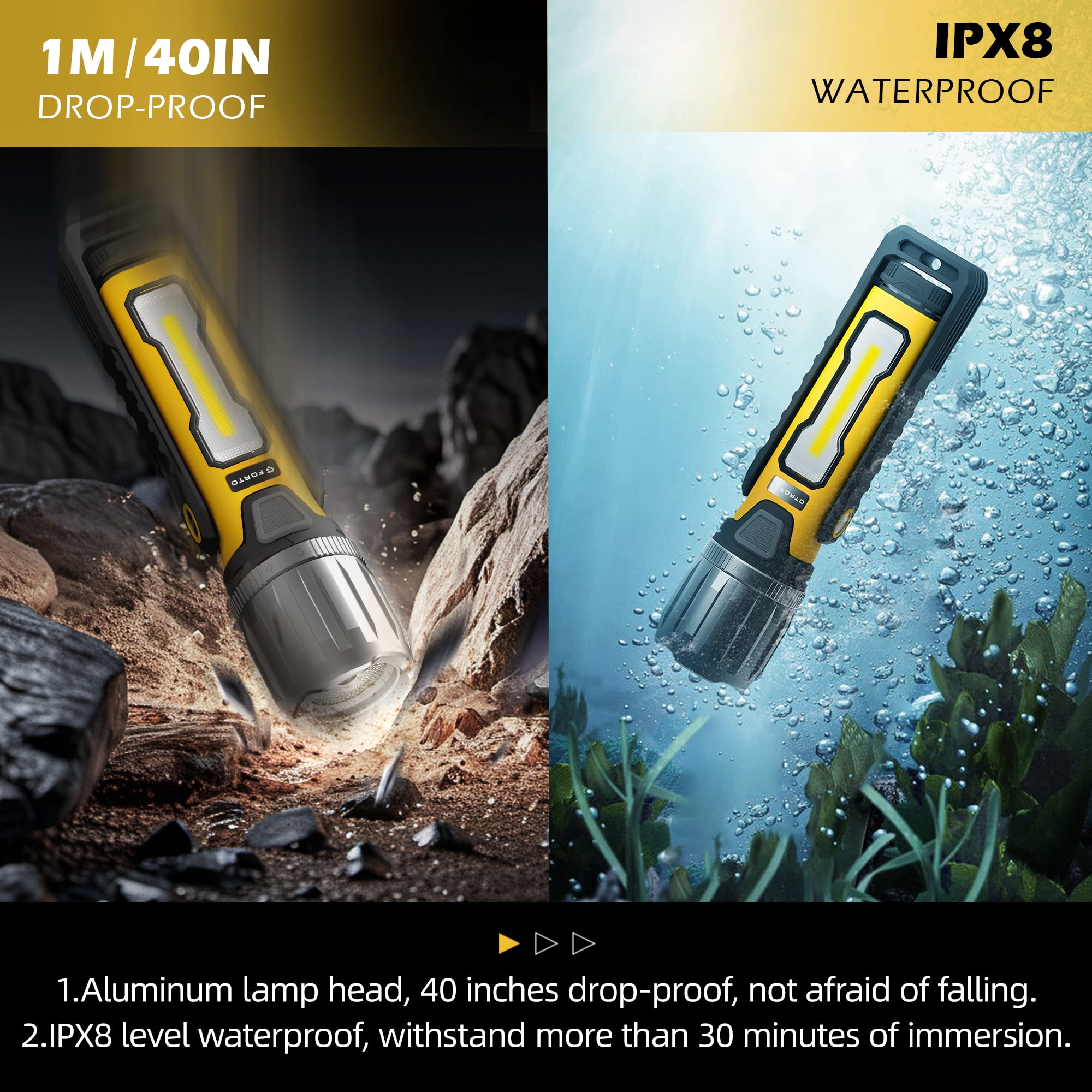 FORTO Magnetic LED Work Light, 2000 Lumens Rechargeable Flashlight, IPX8 Waterproof, 5 Modes, for Auto Repair, Garage, Workshop, Roadside Emergency