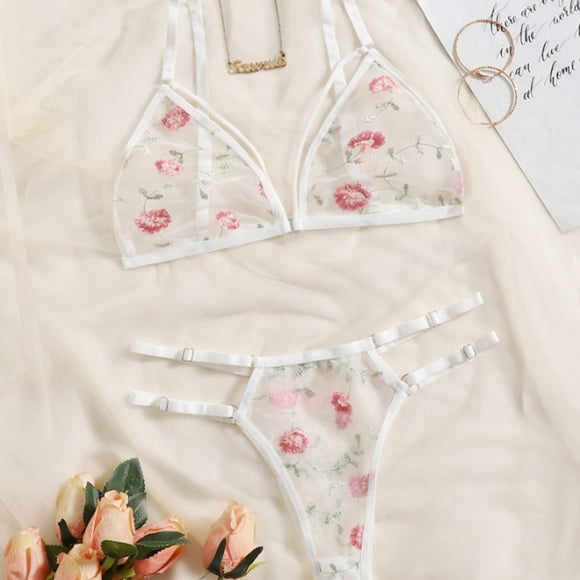 Underwear Sexy Suit Transparent Bra Female 2 Pieces Floral Embroidery Underwear Suit Lace Without Steel Support Bra JIANGLANG