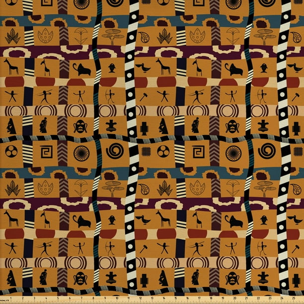 Vintage Tribal Fabric by The Yard, Repeating Pattern of Primitive Art