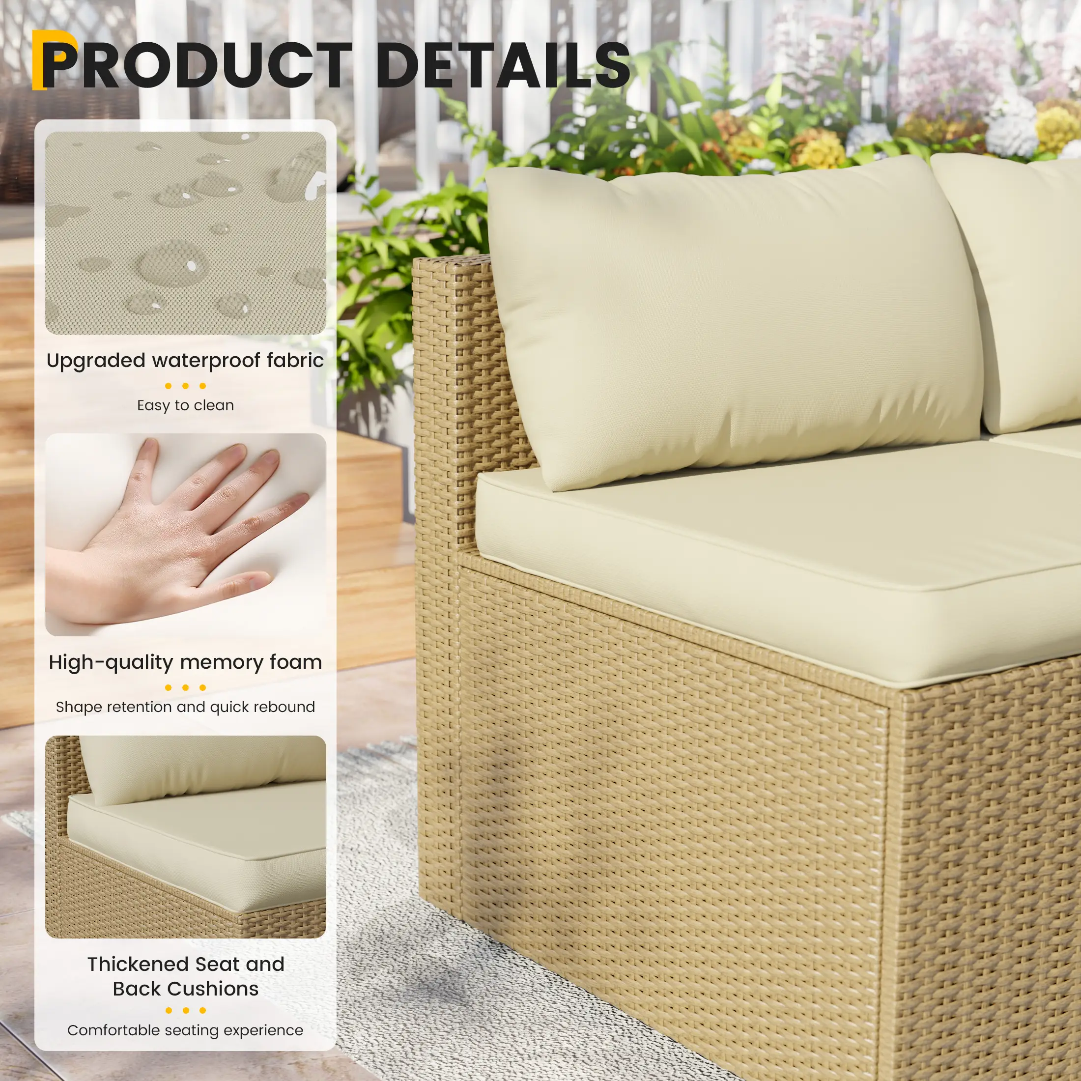 UDPATIO 5-Piece Patio Furniture Set,Outdoor Patio Furniture Set All-Weather Rattan Wicker Patio Conversation Set with Ottoman, Cushions & Glass Table for Garden & Backyard, Cream White