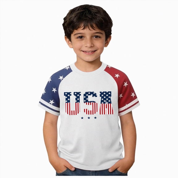 Quealent Grils Boys 4th of July Shirt American Flag T-Shirts USA Star Stripes Graphic Independence Day Outfit for Kids (White, 6-7 Years)