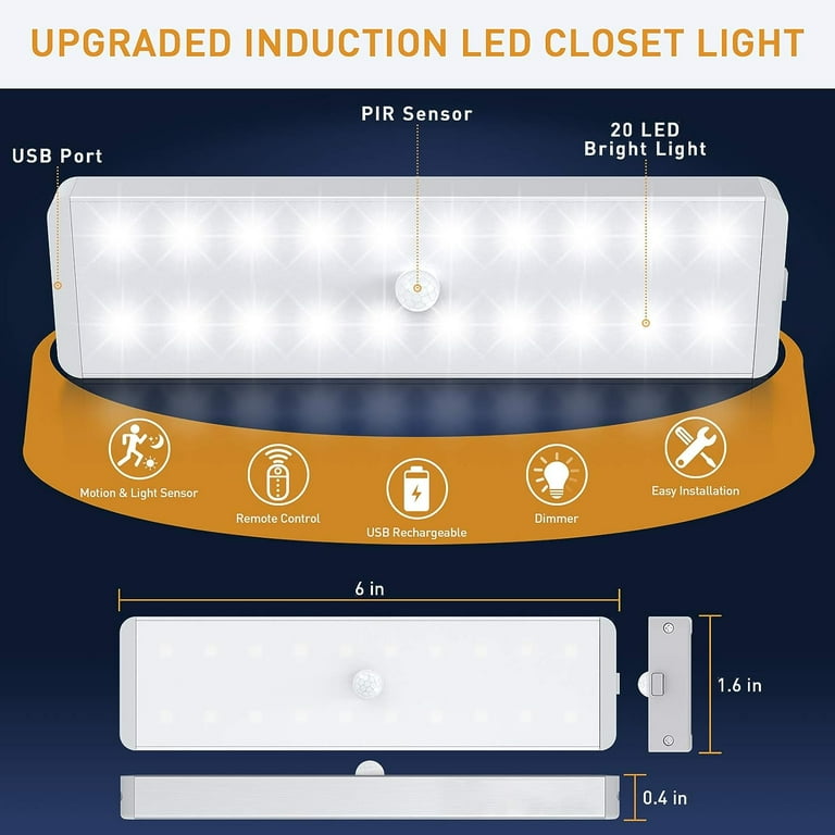 SZOKLED 20LED Under Cabinet Lights Remote Control, Dimmable Under Cabinet  Lighting Wireless, Rechargeable Under Counter Lights for Kitchen, Shelf