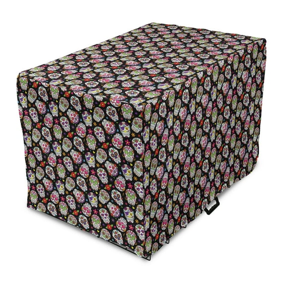 Sugar Skull Dog Crate Cover, All Souls Day Floral Colorful Sugar Skulls Flowers on Dark Background Print, Easy to Use Pet Kennel Cover Small Dogs Puppies Kittens, 7 Sizes, Multicolor, by Ambesonne