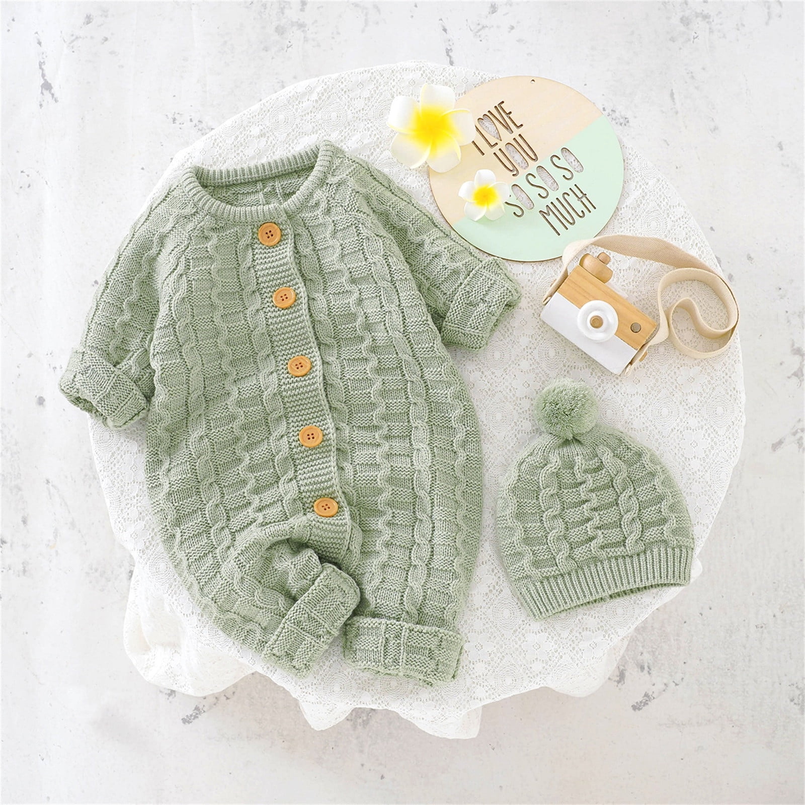 Baby Boy/Girl Letter Embroidered Solid Cable Knit Jumpsuit