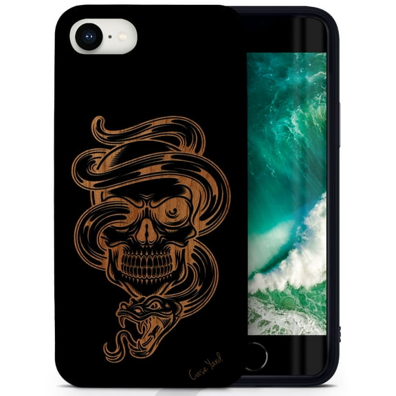 Case Yard Wooden Case for iPhone-SE Soft TPU Silicone cover Slim Fit Shockproof Wood Protective Phone Cover for Girls Boys Men and Women Supports Wireless Charging Snake Skull Design