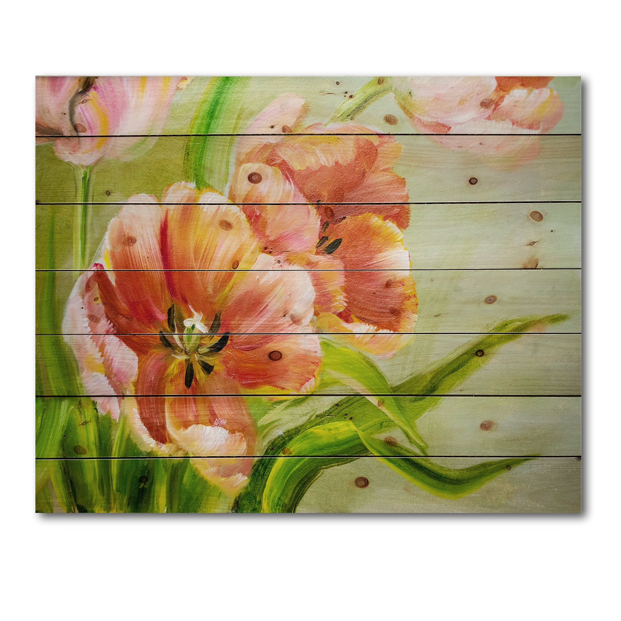 Designart 'Ancient Red Tulips Flowers II' Traditional Print on Natural Pine Wood