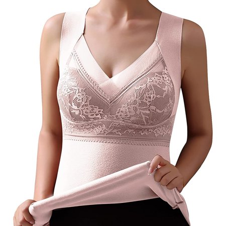 

Women Winter Bra Shirt V-Neck Thermal Fleece Vests Lined Underwear Built In Bra